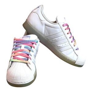 Adidas Superstar Solid White White Sneakers With Rainbow Laces Trefoil Size 7.5